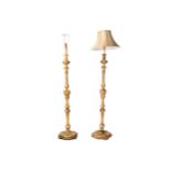 A pair of Italianate turned and carved, painted standard lamps, early 20th, with floral