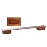 Indonesian hardwood shelf with two square scroll carved drawers, 196 cm wide, 23 cm deep and a