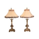 A pair of Neo-Classical style gilt composition table lamps, 20th century, with beaded columns and