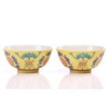 A pair of Chinese porcelain good luck, prosperity & longevity bowls, the exterior painted with