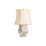 A large oriental style canted square section faience "Arrow" vase table lamp painted with fruiting