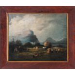 19th century Continental school, Haymaking in a lakeside landscape, unsigned, oil on canvas, framed,