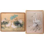 20th century Japanese, a pair of wading egrets among Lotus flowers, signed, gouache on board, 75 x
