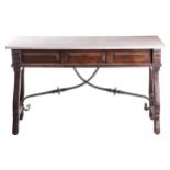 A 19th-century style Spanish walnut side table with moulded white marble top over a fielded panelled