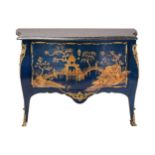 A craftsman-made Louis XV style "French Blue" lacquer bombe commode in the manner of Adrien Delorme,