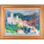 † Laurent Moonens (1911-1991) Belgian, a valley village, signed, oil on canvas, framed, 54 cm x 73