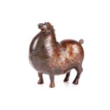 A Chinese Tang Dynasty style obese horse, with dressed mane and tail, traces of gilding and red