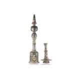 A Persian polished nickel Hookah pipe, 20th century, in four sections., painted throughout with