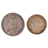 A George V silver proof half crown, 1911, and a Victorian Jubilee head crown, 1889.