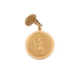 A St. Christopher pendant in 18ct yellow gold, cast relief on a circular textured panel, flat