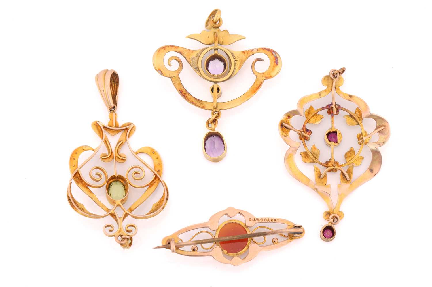 Three gem-set pendants and a cameo bar brooch; including an Edwardian scrolled pendant with floral - Image 2 of 2