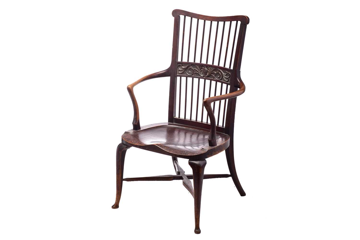 A late 19th/early 20th century spindle back stained mahogany armchair, possibly American, with - Image 2 of 10