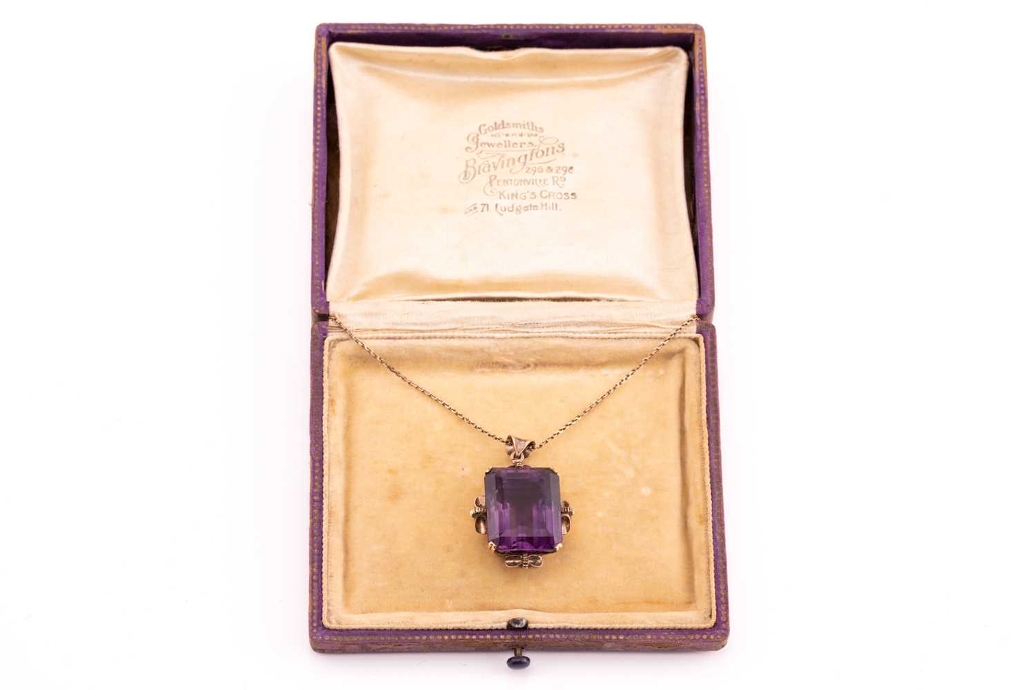 A large amethyst pendant on chain, contains an octagonal step-cut amethyst of 19.6 x 15.9 x 14.2 mm, - Image 2 of 7