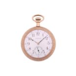 A Waltham open faced pocket watch; white enamel dial with Arabic numerals, minute track and