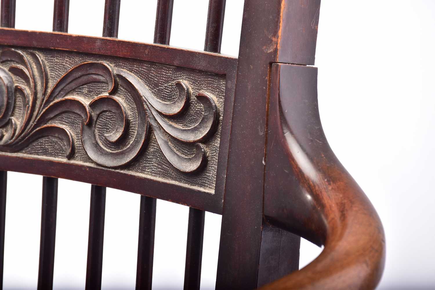 A late 19th/early 20th century spindle back stained mahogany armchair, possibly American, with - Image 7 of 10