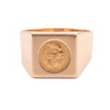 A commemorative coin ring in signet style, the square ring head mounted with a Maximiliano Emperador