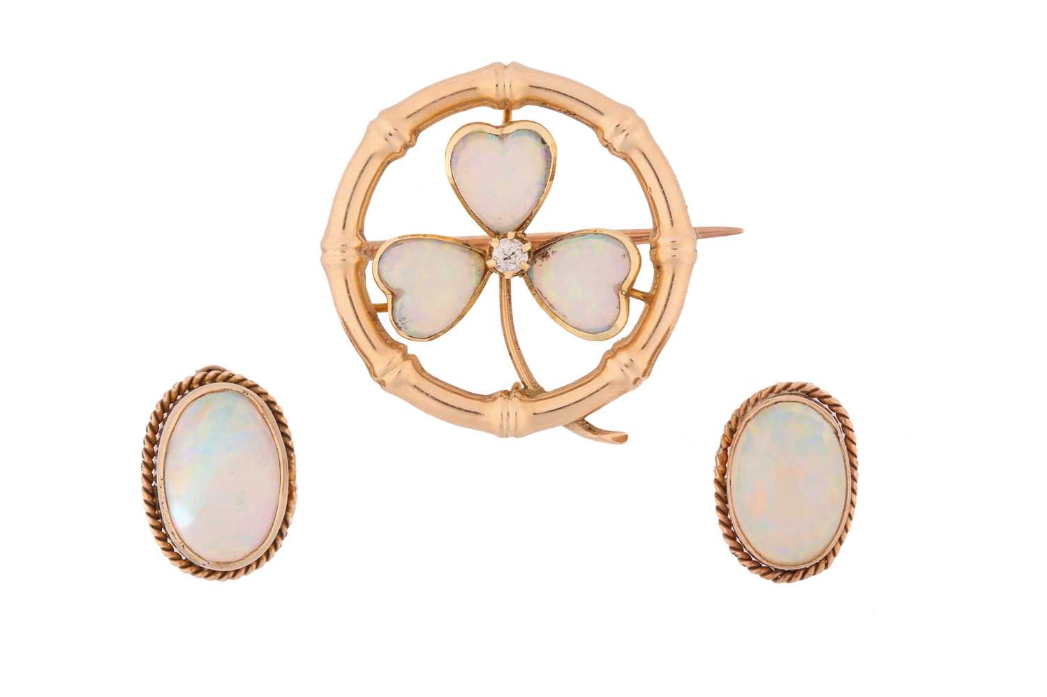 A precious opal clover brooch and a pair of earrings; the brooch of clover design constructed by - Image 4 of 4