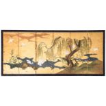 A Japanese six panel screen, Byobu, Edo, 17th/18th century, painted with white cranes around a