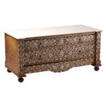 A large 20th century Syrian inverted breakfront chest with white marble top, inlaid with mother of