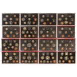 A collection of sixteen boxed and presentation cased silver/copper proof coin sets including; United