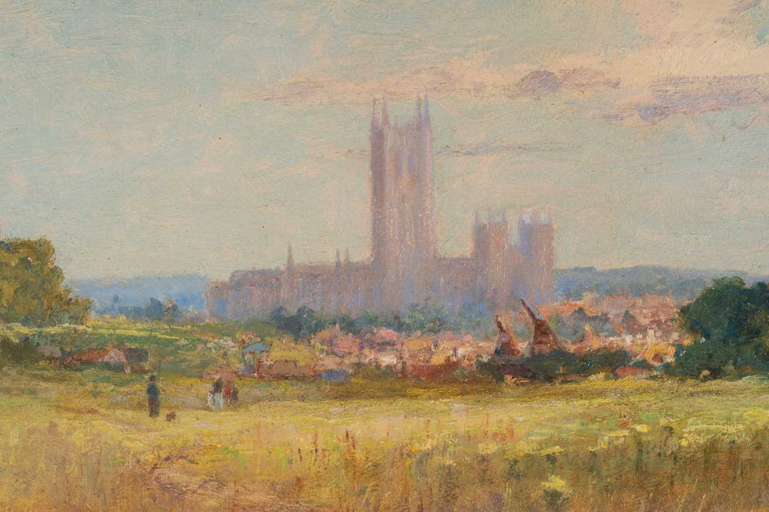 19th century English school, summer landscape, a view of Canterbury Cathedral, oil on board, - Image 3 of 10