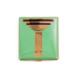 An Art Deco style powder compact, of rectangular form with rounded corners, geometrical design on