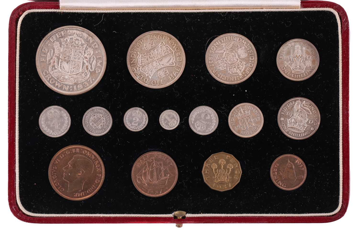 A George VI 1937 fifteen coin specimen proof set, issued by the Royal Mint, in presentation case