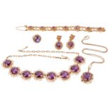 A synthetic colour-changing sapphire parure including a necklace, a pendant on chain, a bracelet,