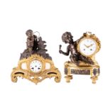 A 19th century French ormolu and bronze mantel clock, the drum form clock with enamel dial, beside a