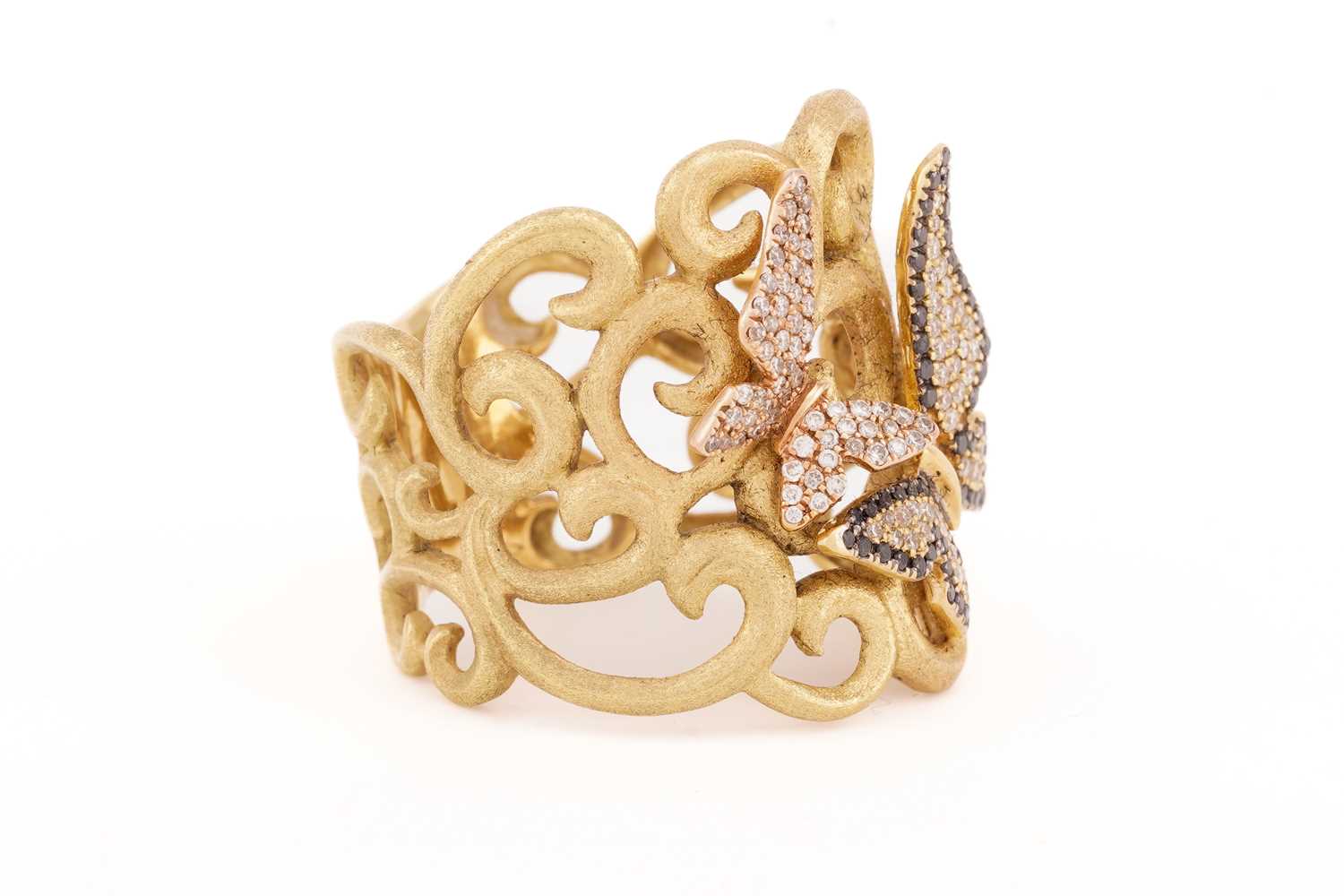 A diamond butterfly design dress ring, the satin finish yellow gold scrollwork mount accented with - Image 2 of 4