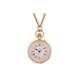 An open-face fob pocket watch, with a keyless wound movement in a yellow metal case, stamped 18k and