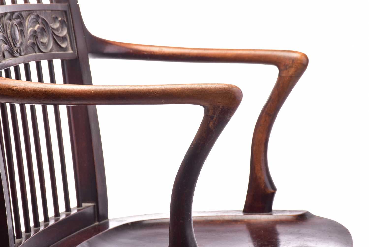 A late 19th/early 20th century spindle back stained mahogany armchair, possibly American, with - Image 8 of 10