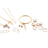 A collection of five sets of earrings, four chains, one bangle, one ring, one single earring.