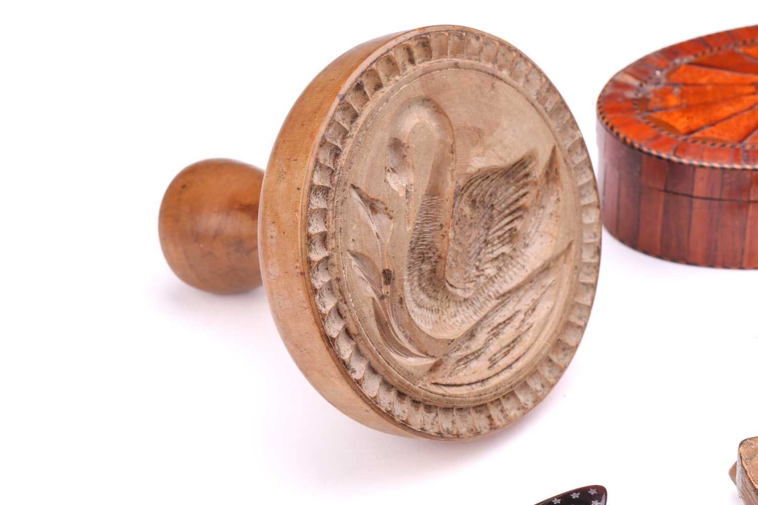 A collection of treen items including an 18th-century style turned lignum vitae pounce pot with - Image 4 of 6