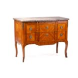 A French Louis XVI style rosewood banded kingwood breakfront commode, 19th century, with a shaped