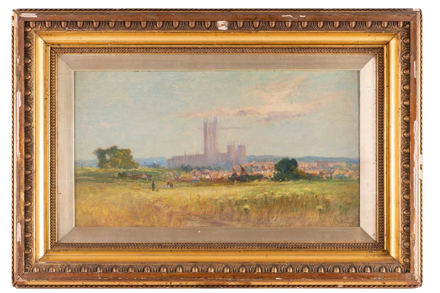 19th century English school, summer landscape, a view of Canterbury Cathedral, oil on board,