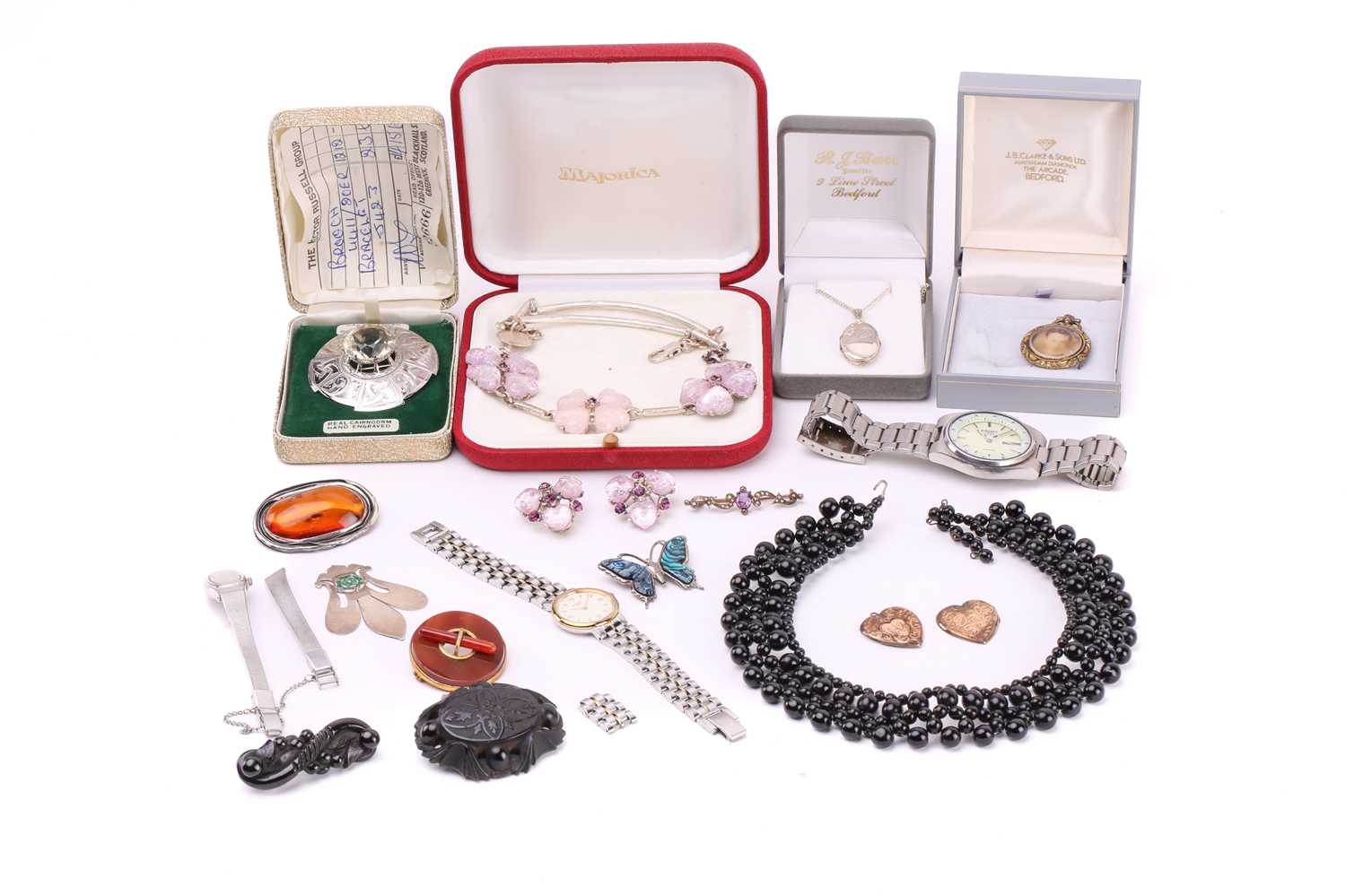 A mixed quantity of silver, costume jewellery and watches, including a silver bookmark decorated