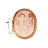 A large Victorian shell cameo brooch with a biblical scene, depicting The Holy Family in a landscape