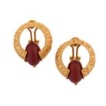 A pair of hoop earrings in 18ct yellow gold, each comprising an agate bead, set within a horseshoe-