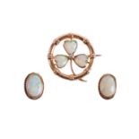A precious opal clover brooch and a pair of earrings; the brooch of clover design constructed by