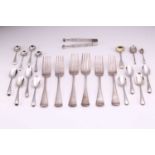A quantity of mixed flatware comprising six Hanoverian pattern table forks with crests engraved to