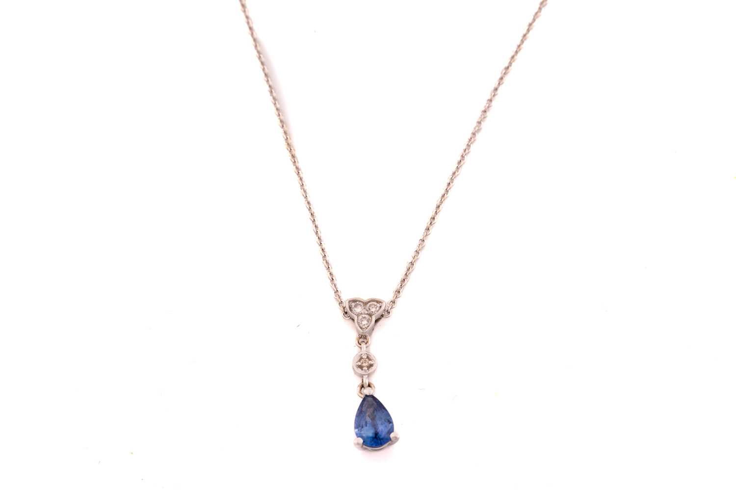 A sapphire and diamond necklace and earrings en-suite; the necklace comprises a pear-shaped sapphire - Image 3 of 8