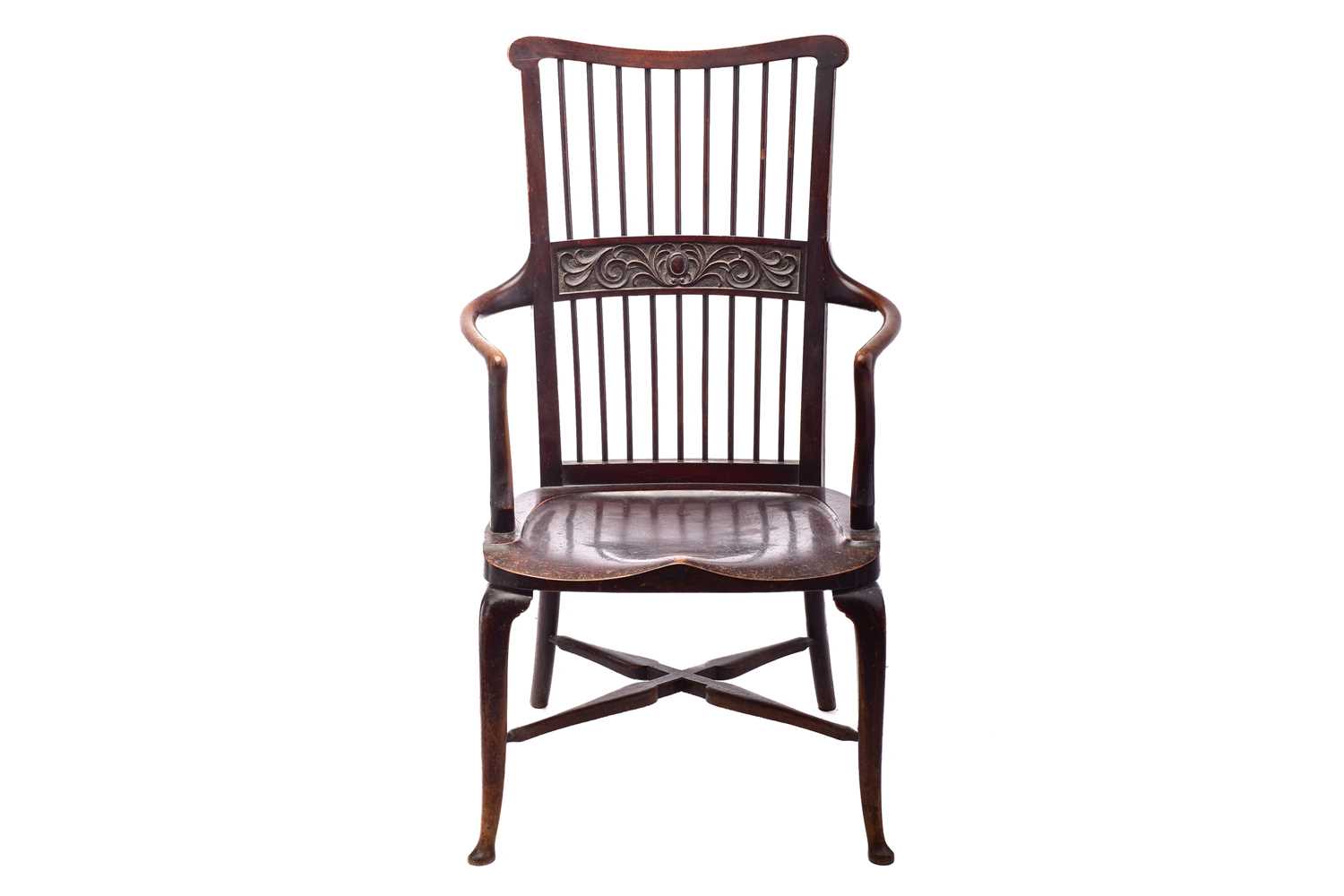 A late 19th/early 20th century spindle back stained mahogany armchair, possibly American, with - Image 4 of 10