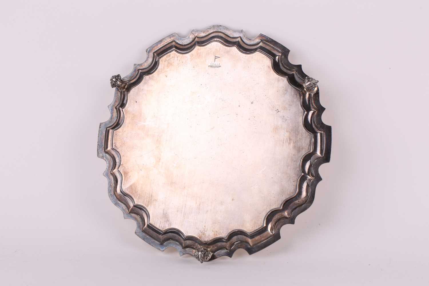 A large silver salver, Walker & Hall, Sheffield 1956, with moulded border, on three foliate capped - Image 6 of 6