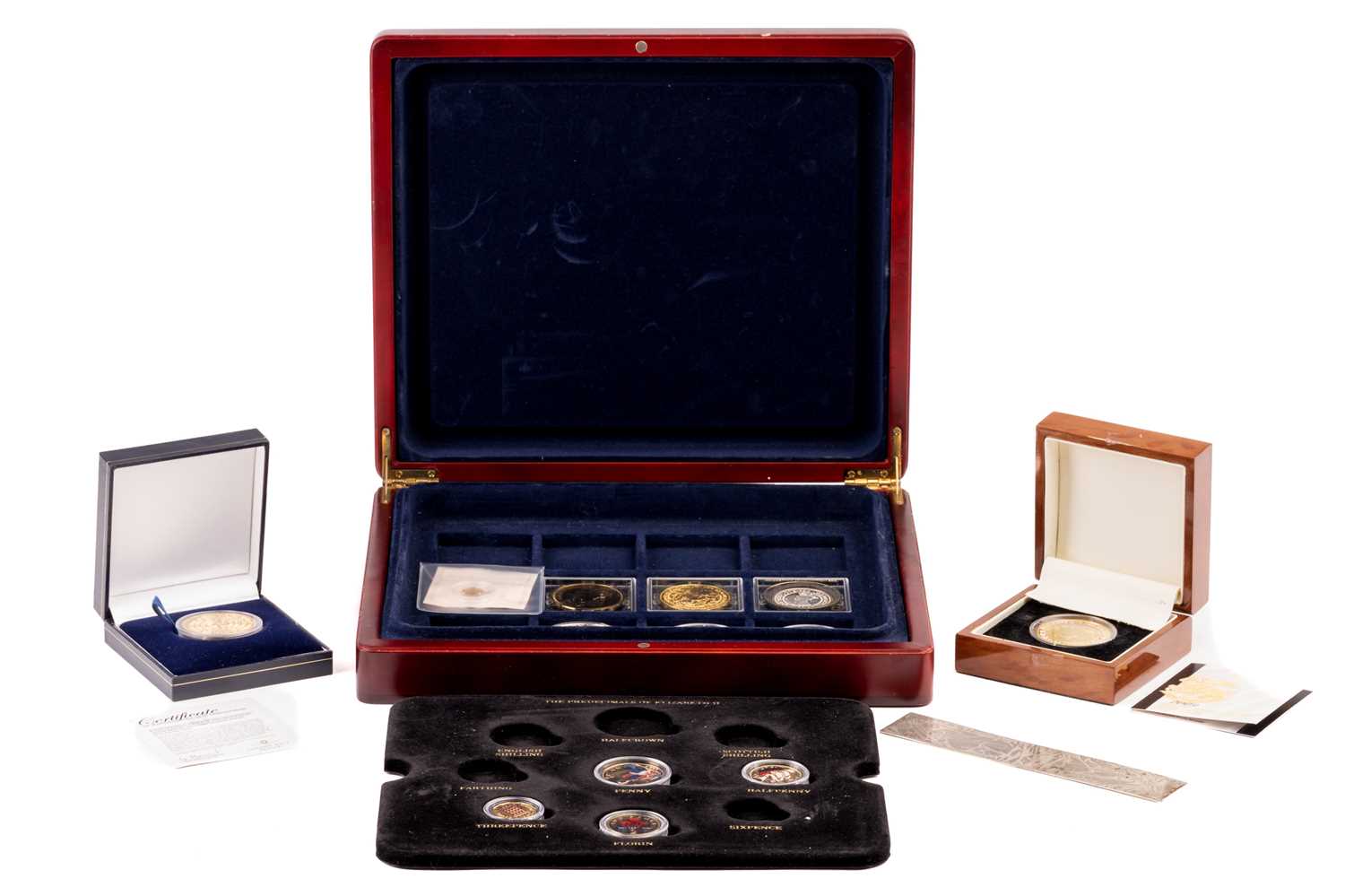 Two Tristan Da Cunha gold plated sterling silver £5 crowns, 2008 & 2009, a 585 ct gold proof