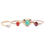 A collection of four gem set rings, featuring one yellow metal stamped 18ct pearl set ring. A single