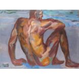 Yankel Feather (1920 - 2009) Naked thinking on the Beach, signed, oil on canvas, unframed, 76 x