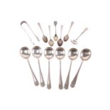 A set of six silver soup spoons, Gladwin Ltd, Sheffield 1932, four silver teaspoons, a pair of