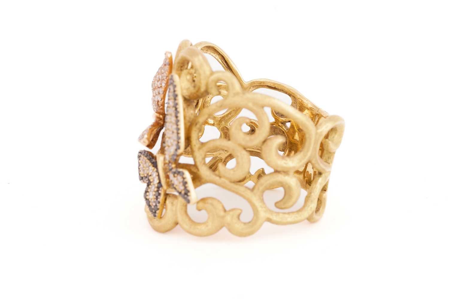 A diamond butterfly design dress ring, the satin finish yellow gold scrollwork mount accented with - Image 3 of 4