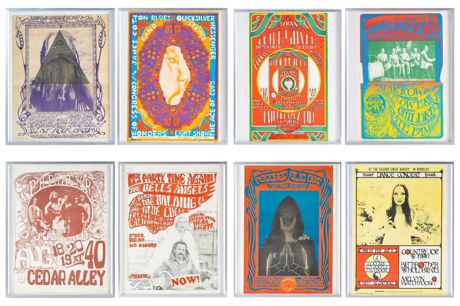 San Francisco Poster Company: Eight framed and glazed posters comprising "P.H Factor" (36cm x 50cm),